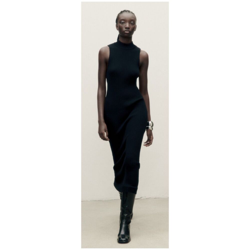 ZARA Ribbed Sleeveless Midi Black Dress
